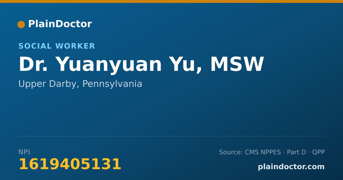Shareable card for Yuanyuan Yu, MSW - Social Worker, Upper Darby, PA
