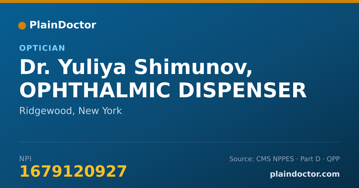 Shareable card for Yuliya Shimunov, OPHTHALMIC DISPENSER - Optician, Ridgewood, NY