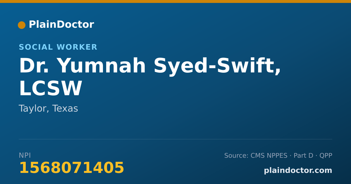 Shareable card for Yumnah Syed-Swift, LCSW - Social Worker, Taylor, TX