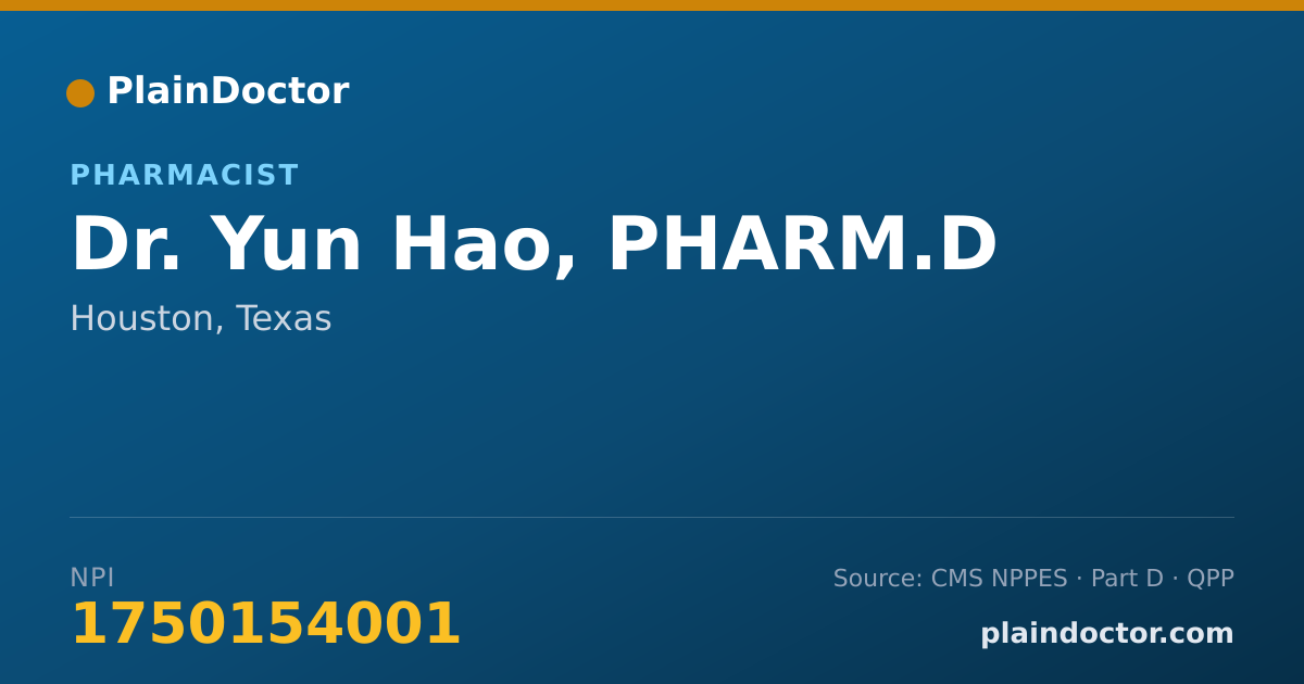 Shareable card for Yun Hao, PHARM.D - Pharmacist, Houston, TX