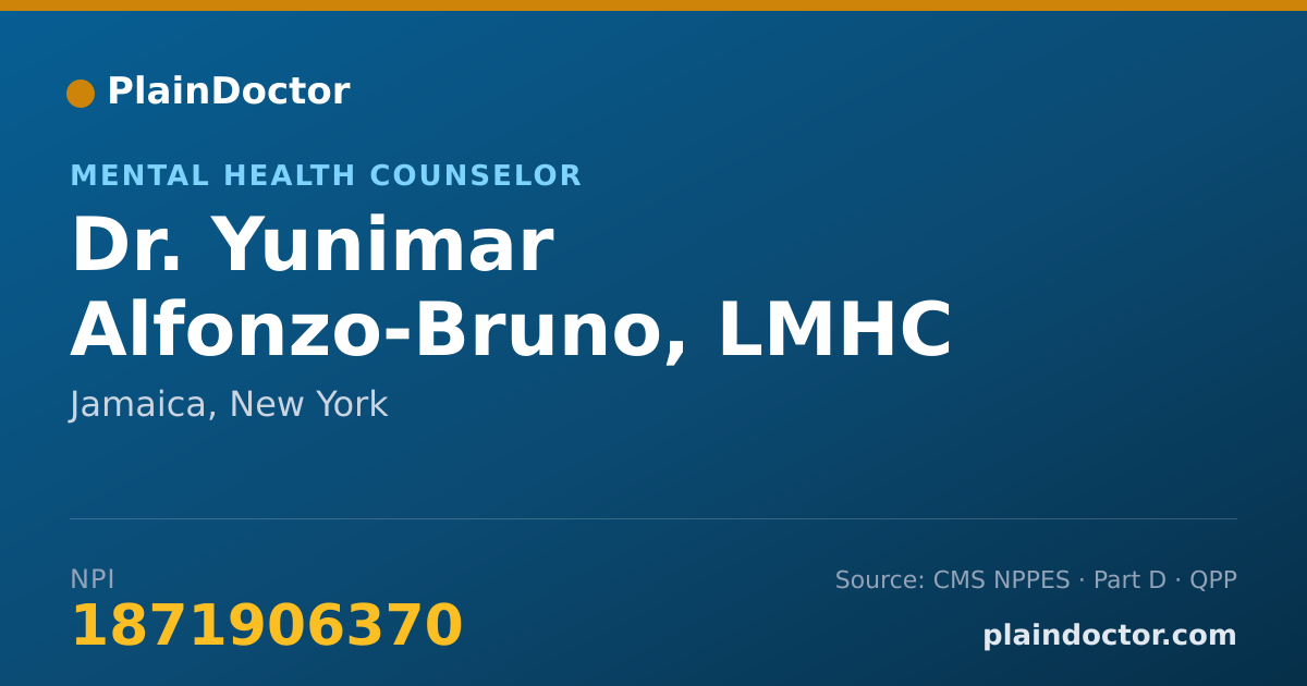 Shareable card for Yunimar Alfonzo-Bruno, LMHC - Mental Health Counselor, Jamaica, NY