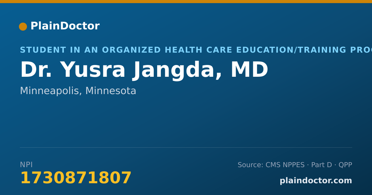 Shareable card for Yusra Jangda, MD - Student in an Organized Health Care Education/Training Program, Minneapolis, MN