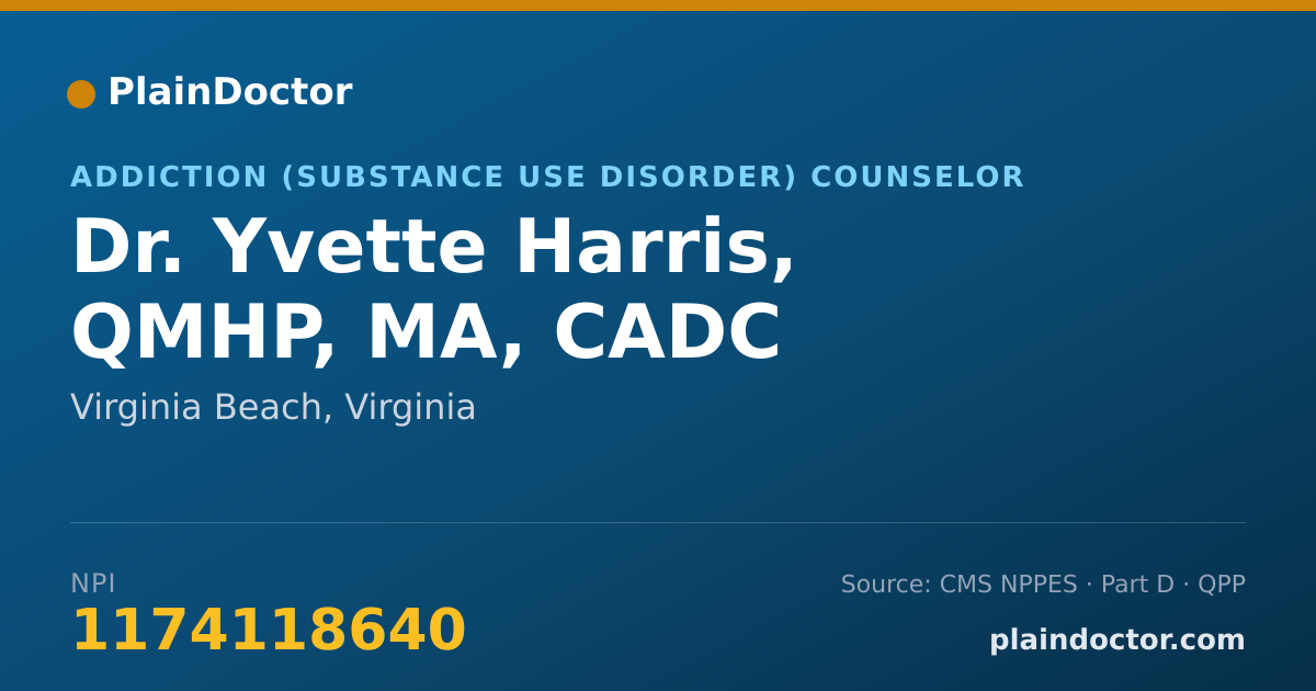 Shareable card for Yvette Harris, QMHP, MA, CADC - Addiction (Substance Use Disorder) Counselor, Virginia Beach, VA