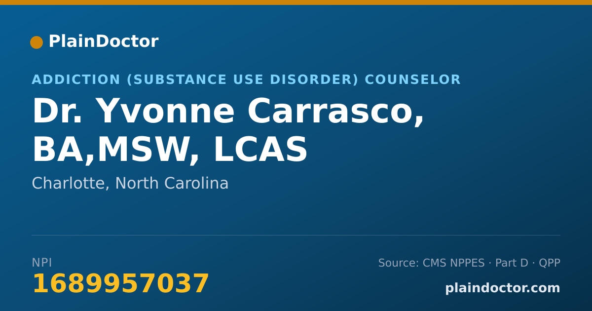 Shareable card for Yvonne Carrasco, BA,MSW, LCAS - Addiction (Substance Use Disorder) Counselor, Charlotte, NC