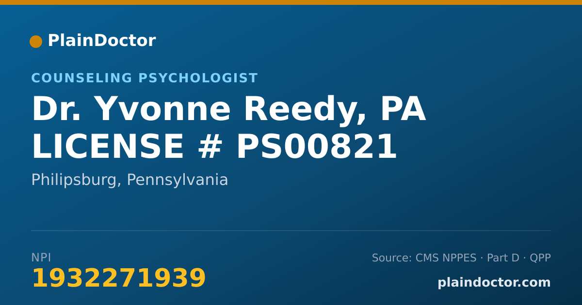 Shareable card for Yvonne Reedy, PA LICENSE # PS00821 - Counseling Psychologist, Philipsburg, PA