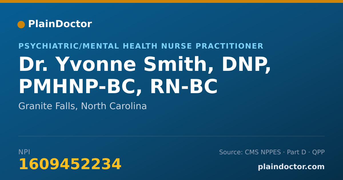 Shareable card for Yvonne Smith, DNP, PMHNP-BC, RN-BC - Psychiatric/Mental Health Nurse Practitioner, Granite Falls, NC