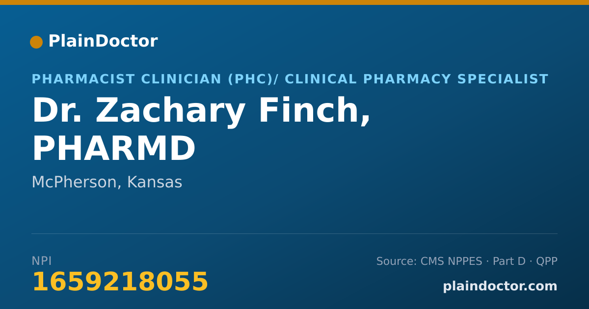 Shareable card for Zachary Finch, PHARMD - Pharmacist Clinician (PhC)/ Clinical Pharmacy Specialist, McPherson, KS