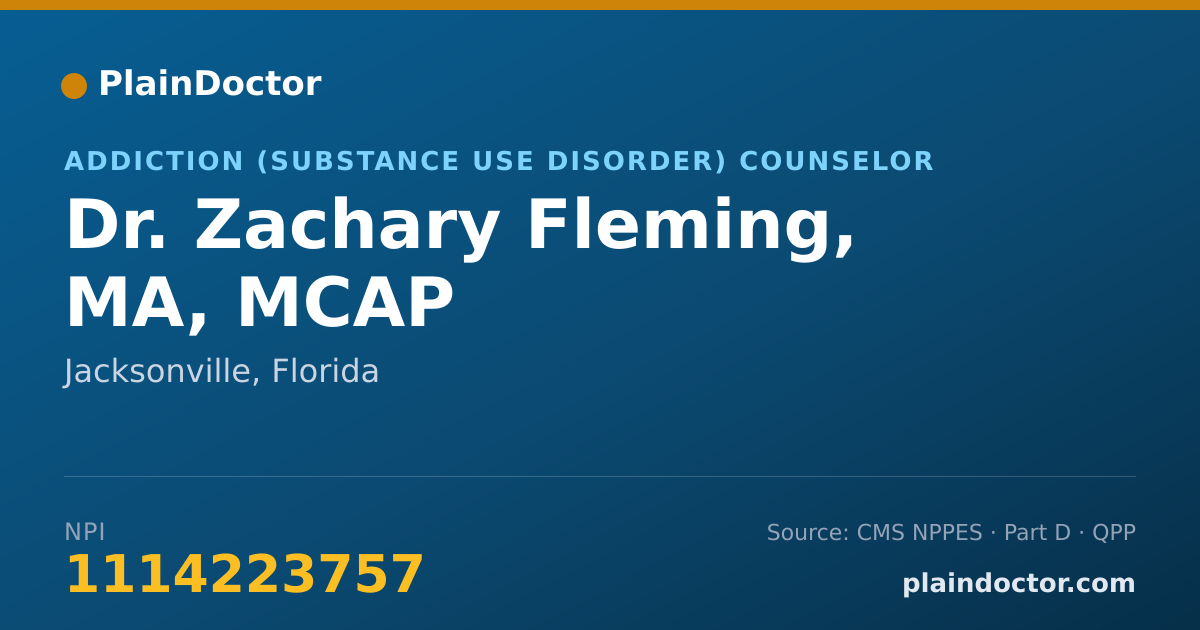 Shareable card for Zachary Fleming, MA, MCAP - Addiction (Substance Use Disorder) Counselor, Jacksonville, FL
