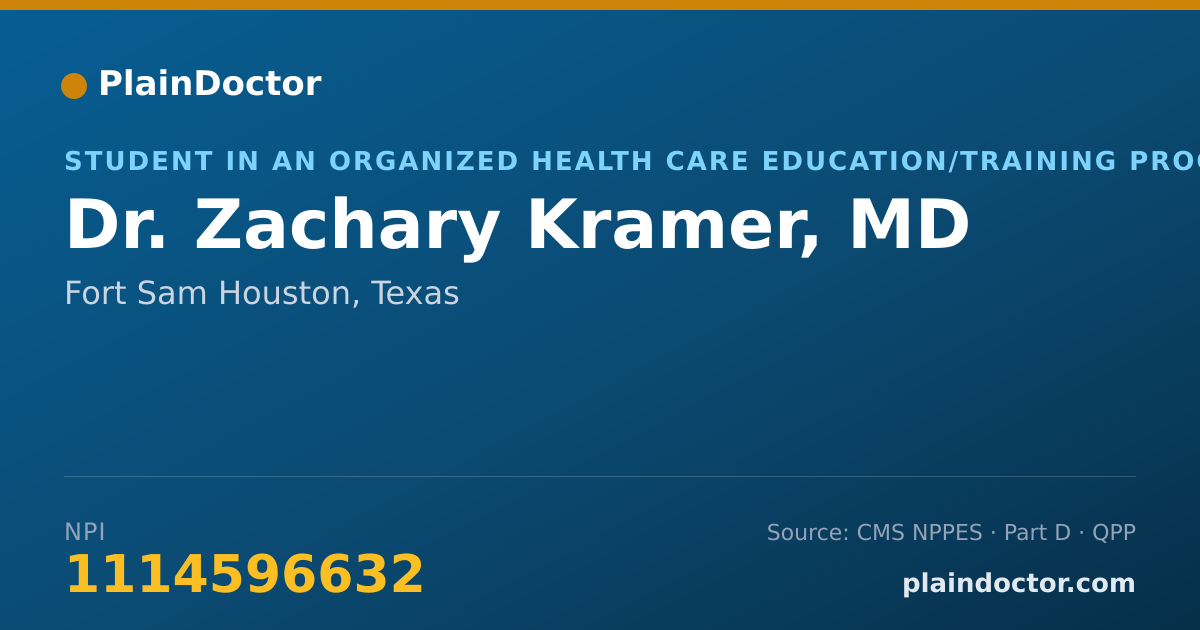 Shareable card for Zachary Kramer, MD - Student in an Organized Health Care Education/Training Program, Fort Sam Houston, TX