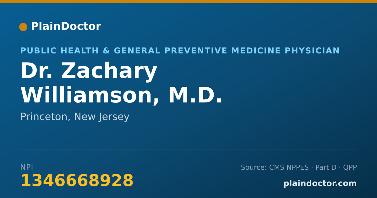 Shareable card for Zachary Williamson, M.D. - Public Health & General Preventive Medicine Physician, Princeton, NJ