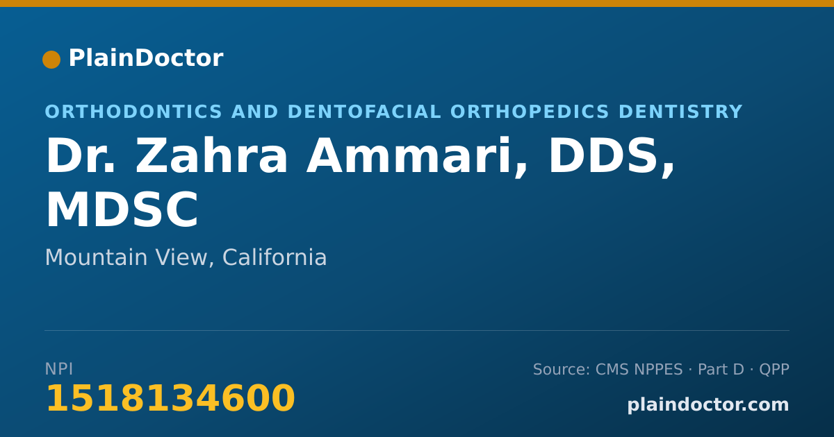 Shareable card for Zahra Ammari, DDS, MDSC - Orthodontics and Dentofacial Orthopedics Dentistry, Mountain View, CA