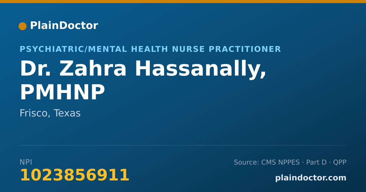 Shareable card for Zahra Hassanally, PMHNP - Psychiatric/Mental Health Nurse Practitioner, Frisco, TX