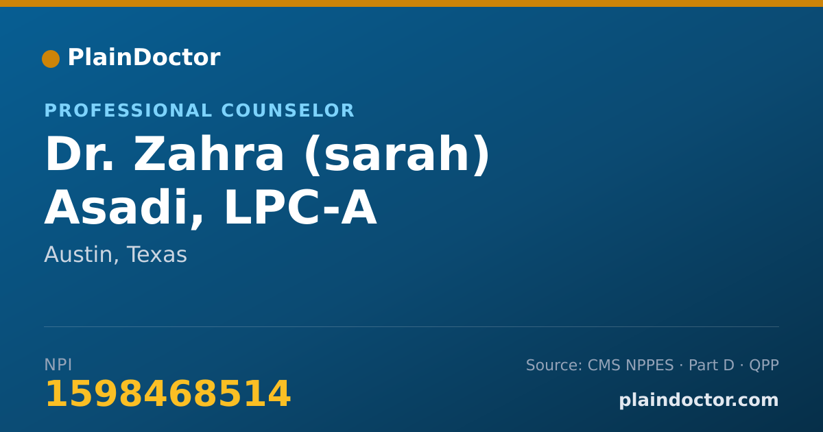 Shareable card for Zahra (sarah) Asadi, LPC-A - Professional Counselor, Austin, TX