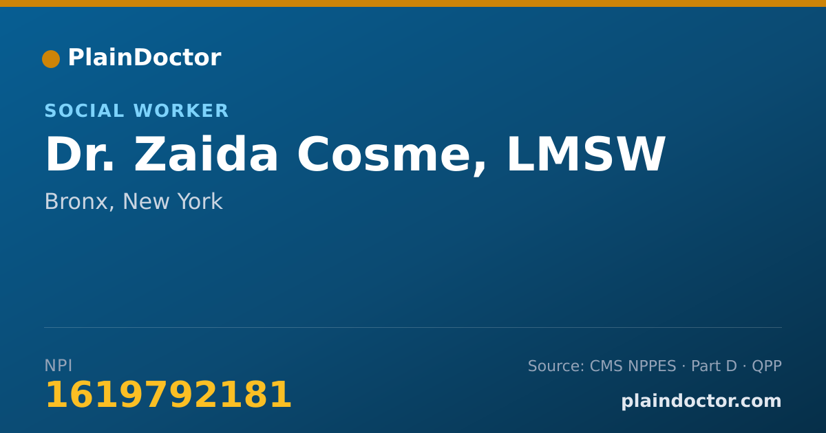 Shareable card for Zaida Cosme, LMSW - Social Worker, Bronx, NY