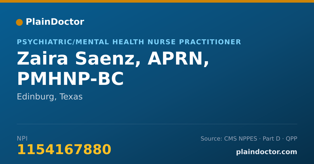 Shareable card for Zaira Saenz, APRN, PMHNP-BC - Psychiatric/Mental Health Nurse Practitioner, Edinburg, TX