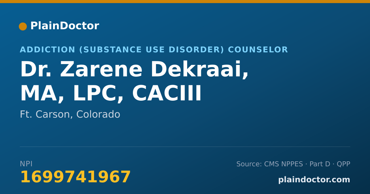Shareable card for Zarene Dekraai, MA, LPC, CACIII - Addiction (Substance Use Disorder) Counselor, Ft. Carson, CO