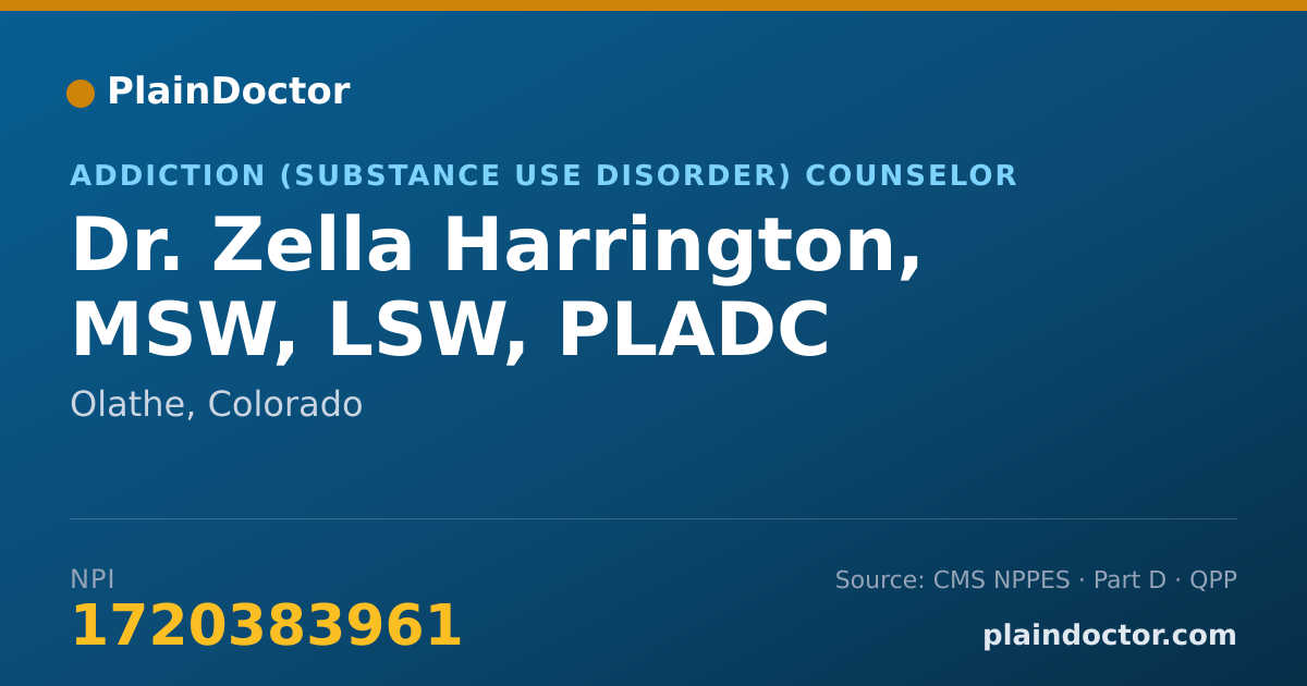 Shareable card for Zella Harrington, MSW, LSW, PLADC - Addiction (Substance Use Disorder) Counselor, Olathe, CO