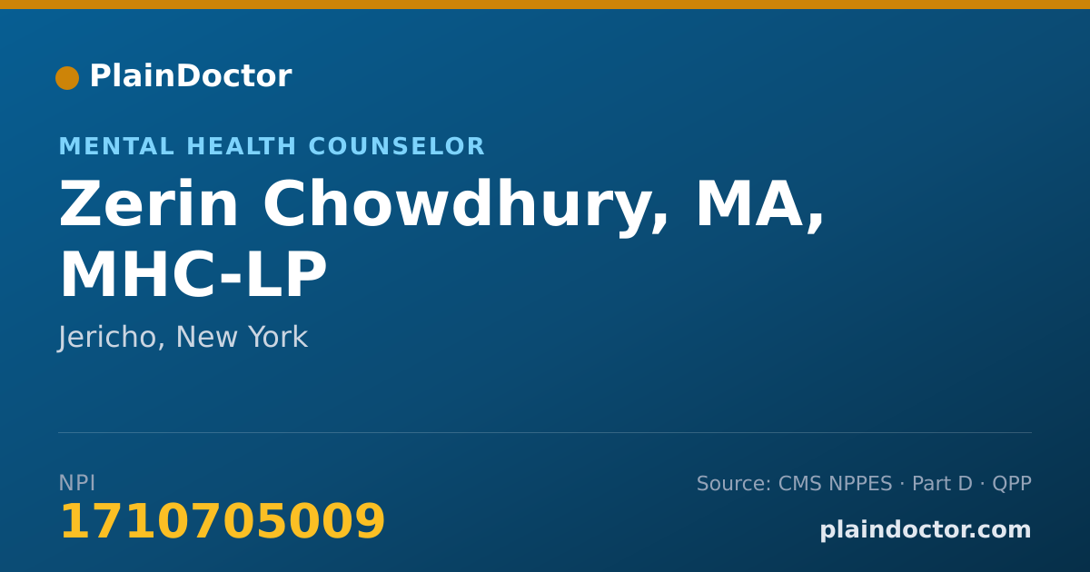 Shareable card for Zerin Chowdhury, MA, MHC-LP - Mental Health Counselor, Jericho, NY