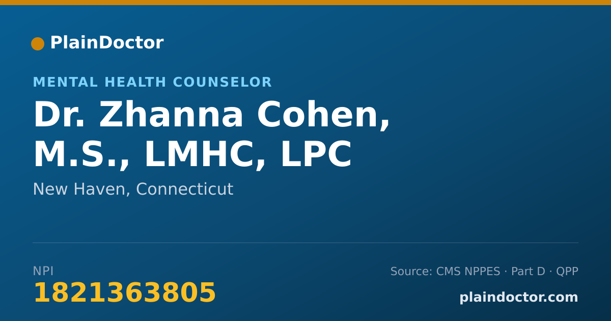 Shareable card for Zhanna Cohen, M.S., LMHC, LPC - Mental Health Counselor, New Haven, CT