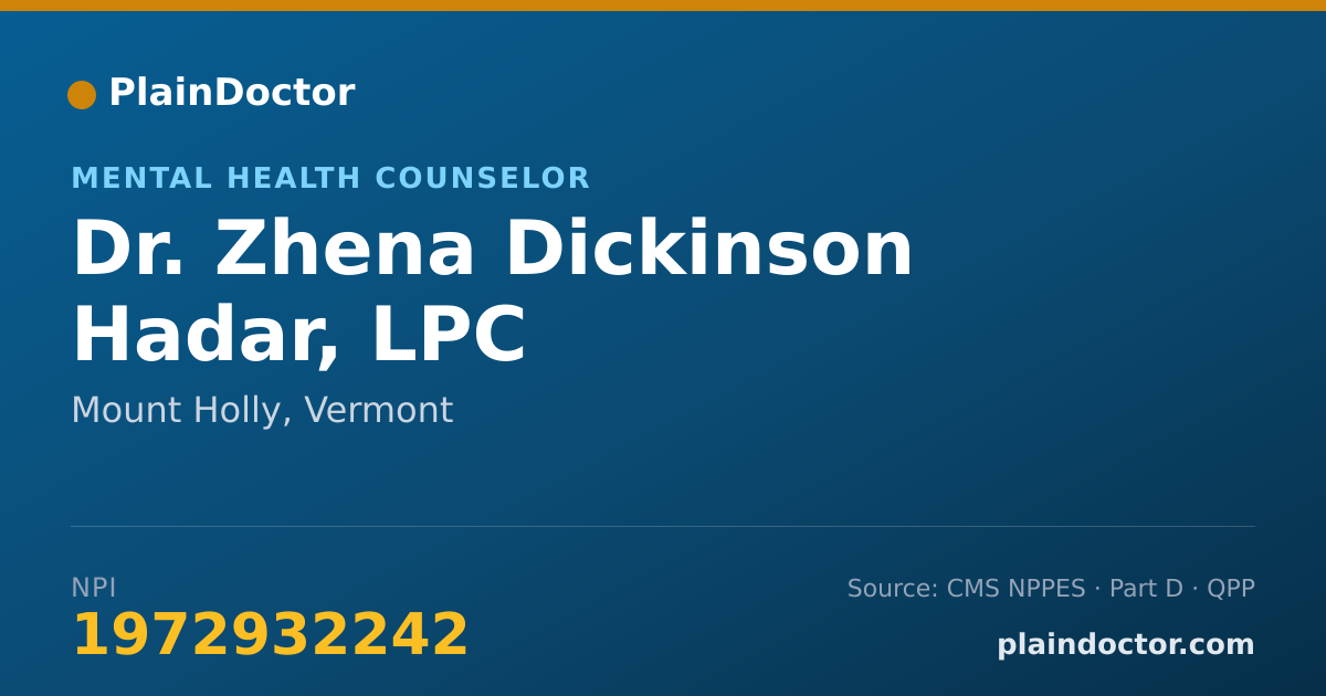 Shareable card for Zhena Dickinson Hadar, LPC - Mental Health Counselor, Mount Holly, VT