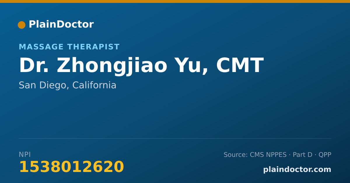 Shareable card for Zhongjiao Yu, CMT - Massage Therapist, San Diego, CA