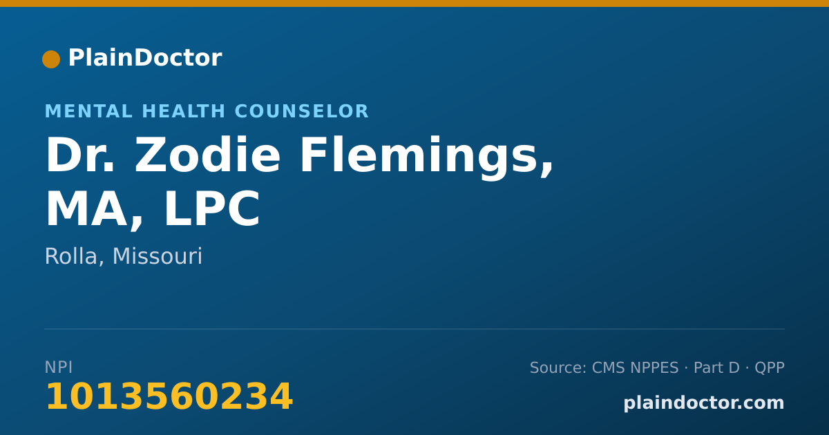 Shareable card for Zodie Flemings, MA,  LPC - Mental Health Counselor, Rolla, MO