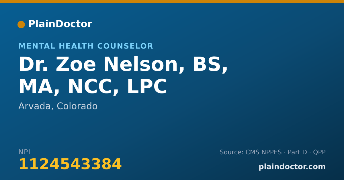 Shareable card for Zoe Nelson, BS, MA, NCC, LPC - Mental Health Counselor, Arvada, CO