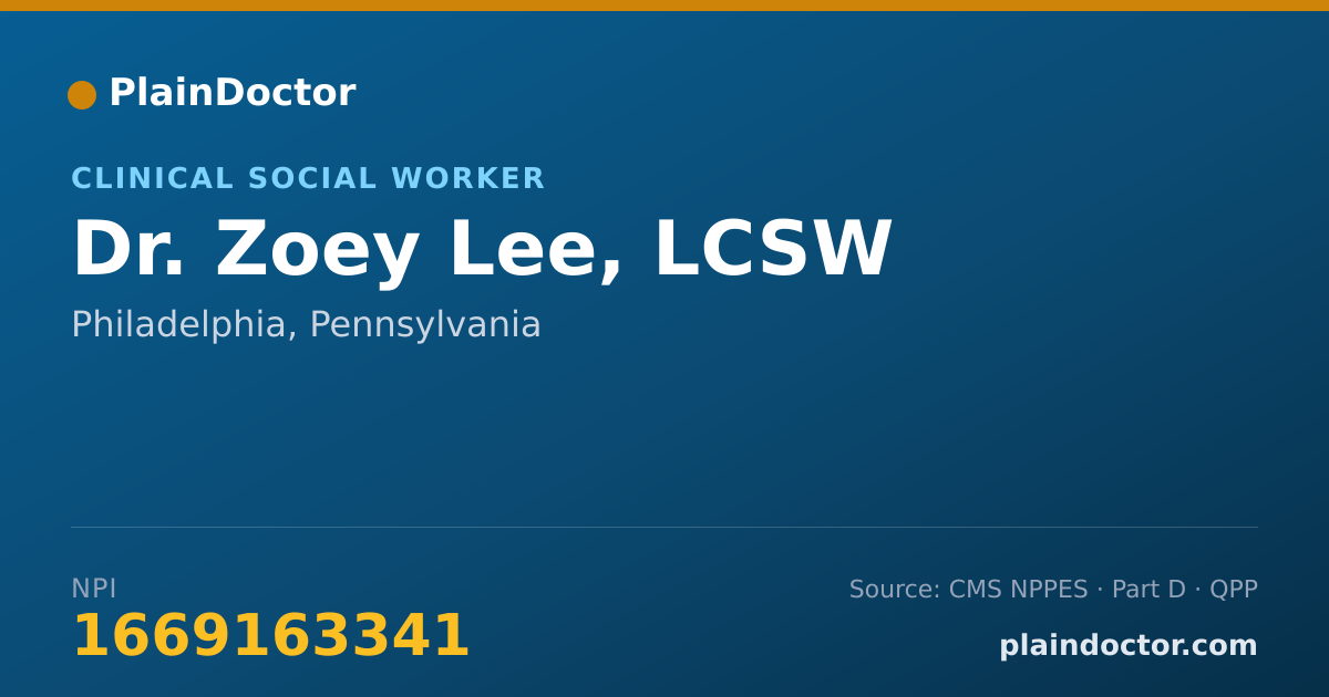 Shareable card for Zoey Lee, LCSW - Clinical Social Worker, Philadelphia, PA