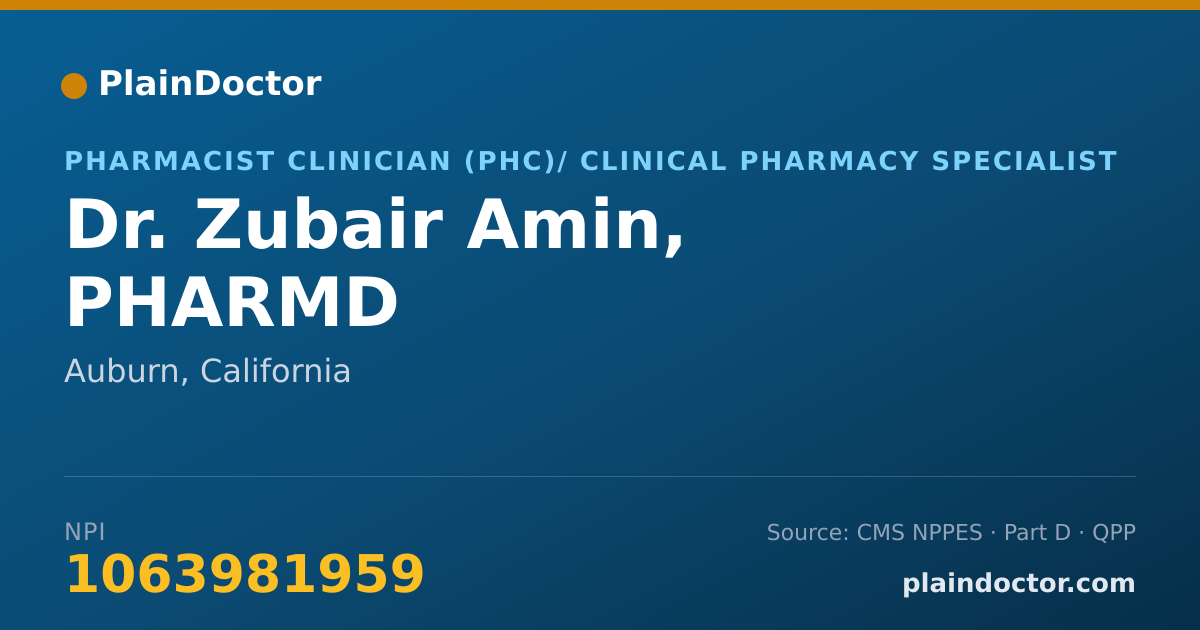 Shareable card for Zubair Amin, PHARMD - Pharmacist Clinician (PhC)/ Clinical Pharmacy Specialist, Auburn, CA